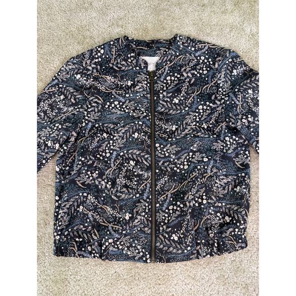 Ann Taylor Loft Black Floral Zip Front Bomber Jacket Lightweight Pockets XS D976 - Picture 2 of 9